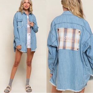 POL Distressed Edges Denim & Plaid Detail Shirt